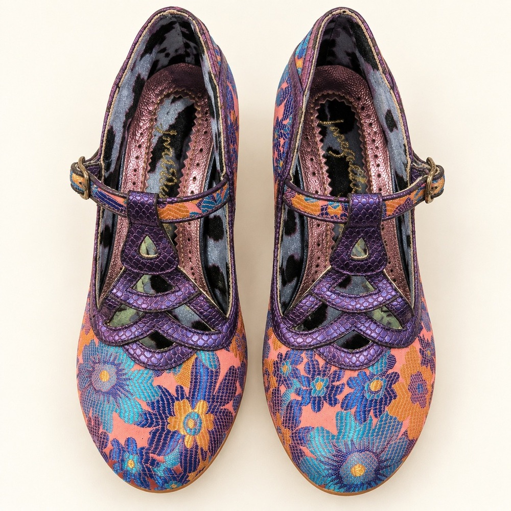 Irregular Choice Floral Brocade T-Strap Heels Purple Blue Metallic Mary Janes